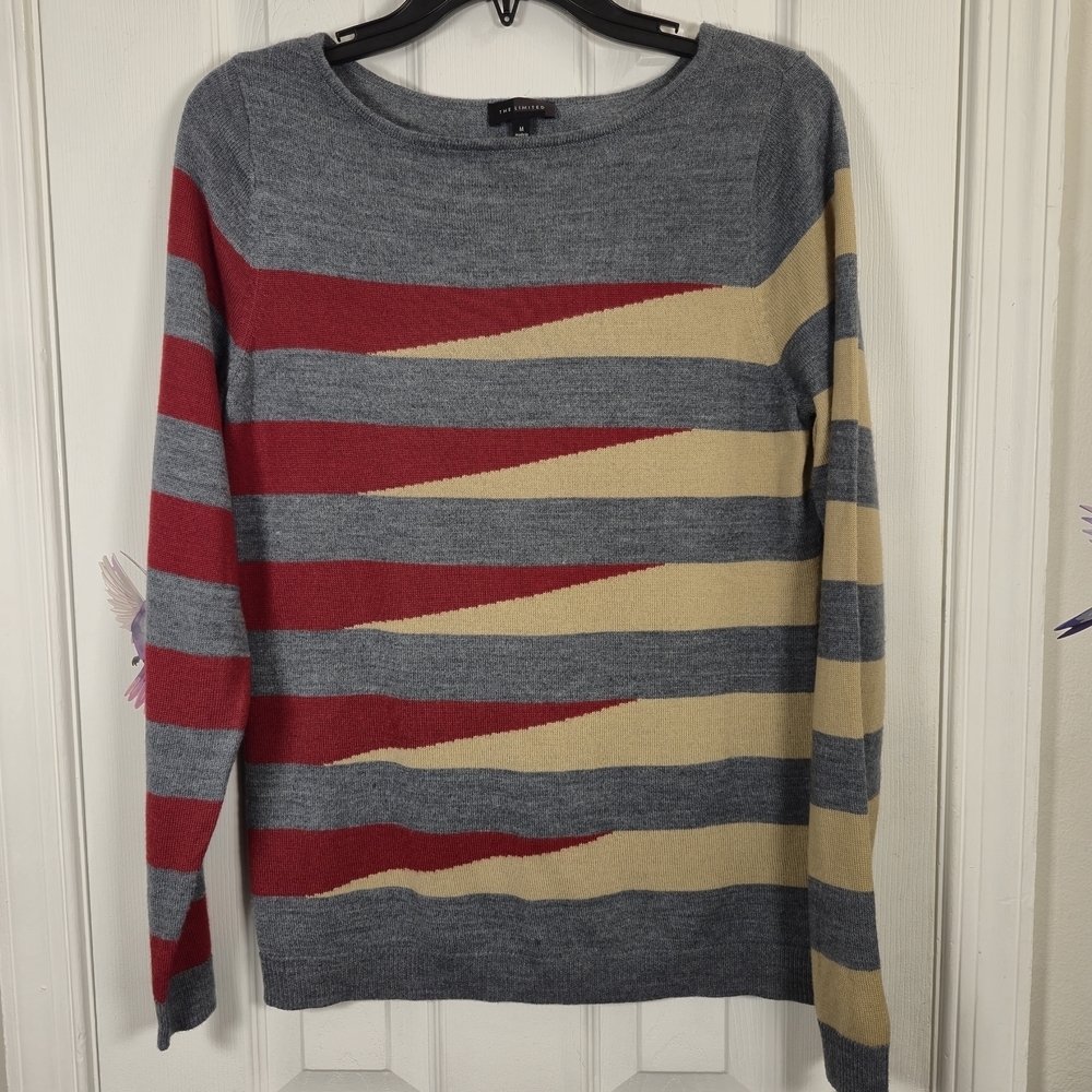 The Limited Wool Blend Colorblock Preppy Geometric Stripe Boat Neck Sweater M
